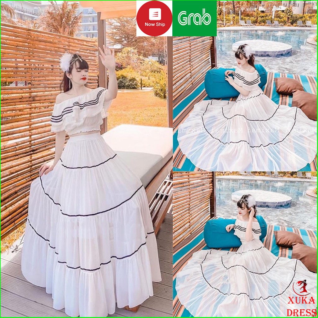 Set váy maxi đi biển dáng xòe phối viềm xinh đẹp dễ thương cá tính phong cách thời trang XUKA-DRESS MT034 chất Voon