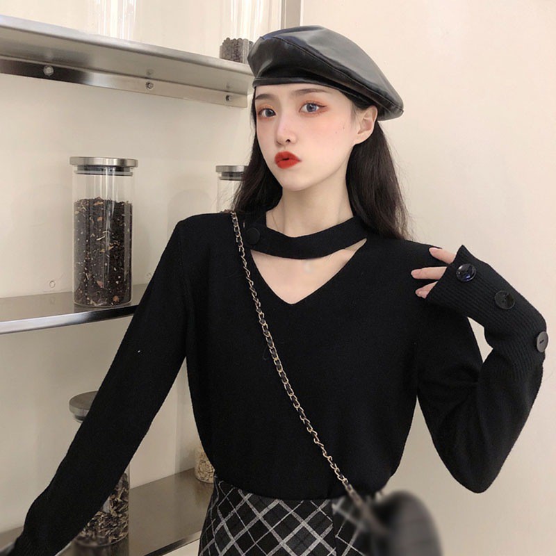Áo Sweater Nữ Tay Dài Cổ Chữ V Dáng Rộng Phong Cách Retro