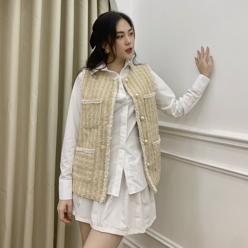 Áo khoác cộc tay cổ tròn dạ tweed - Audrey studio