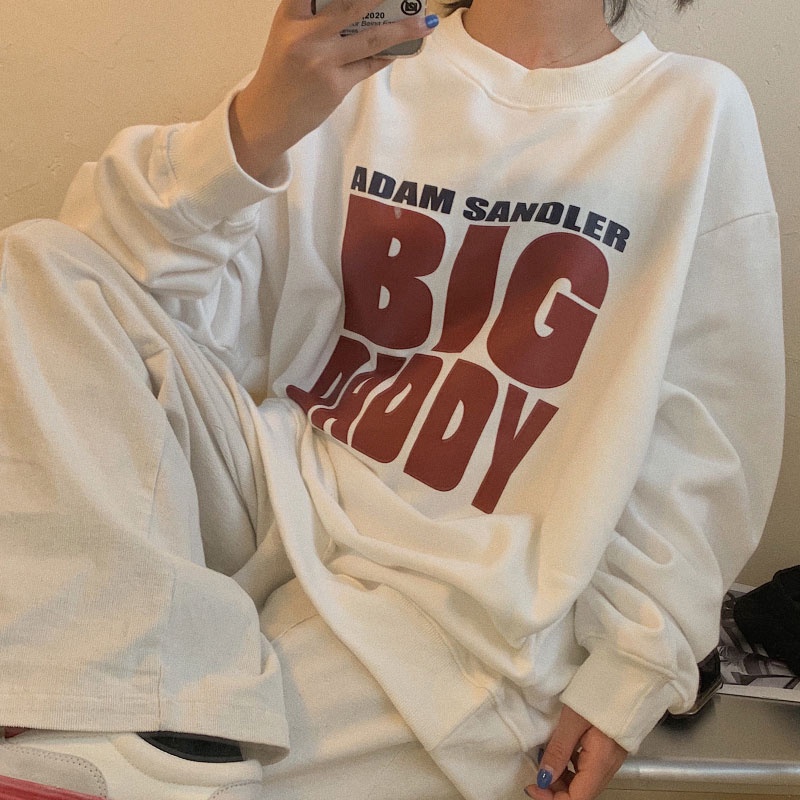 Áo sweater tay dài cổ tròn dáng rộng in chữ cá tính trẻ trung