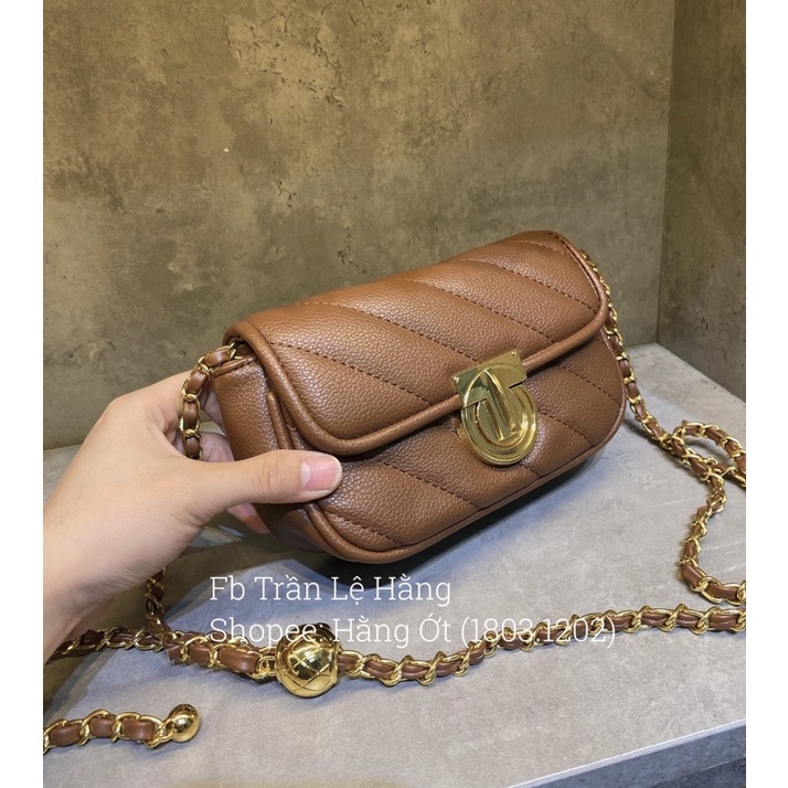 Túi vân chéo khoá dọc size mini 18cm ko hộp Đen &amp; Nâu