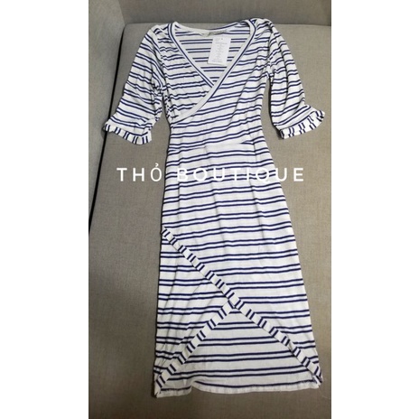 Đầm FOREVER21 ôm body thun cotton gân tăm tay lỡ sọc xanh trắng cổ V chéo