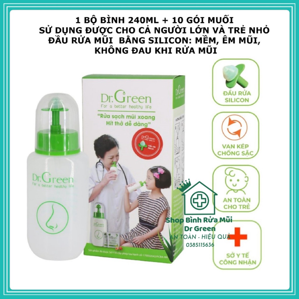 Bình rửa mũi Dr Green và 10 gói muối nha đam