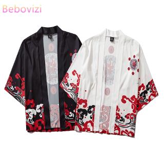 Áo khoác kimono unisex dáng rộng màu trắng đen phong cách Harajuku Nhật Bản