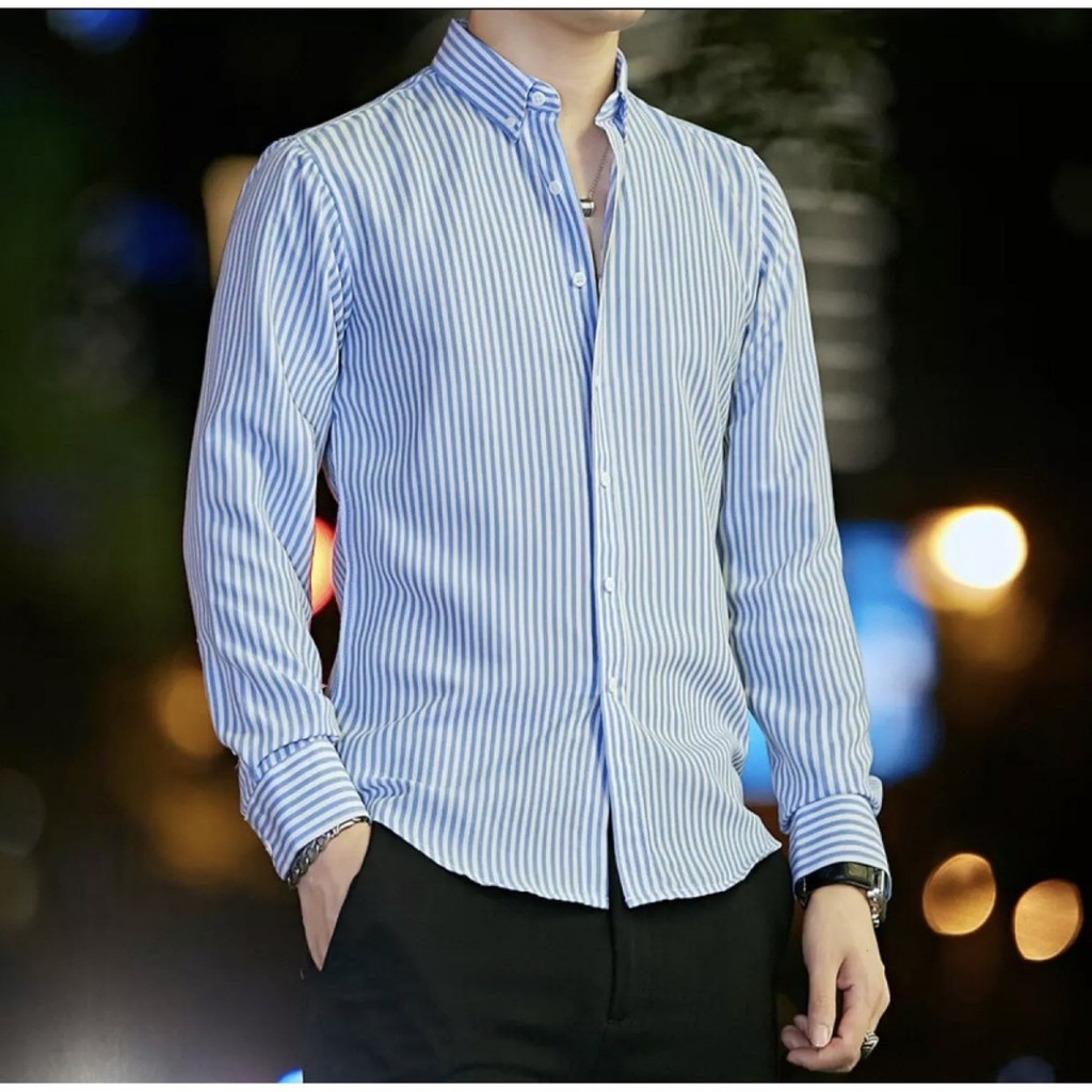 Aó sơ mi nam kẻ sọc màu xanh lam ôm body,chất vải trơn mát ,xịn kiểu dáng trẻ trung cá tính