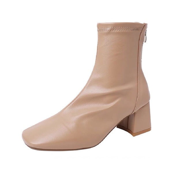 Boots nữ cổ ngắn da mềm ôm chân đế vuông cao 6cm có khoá kéo