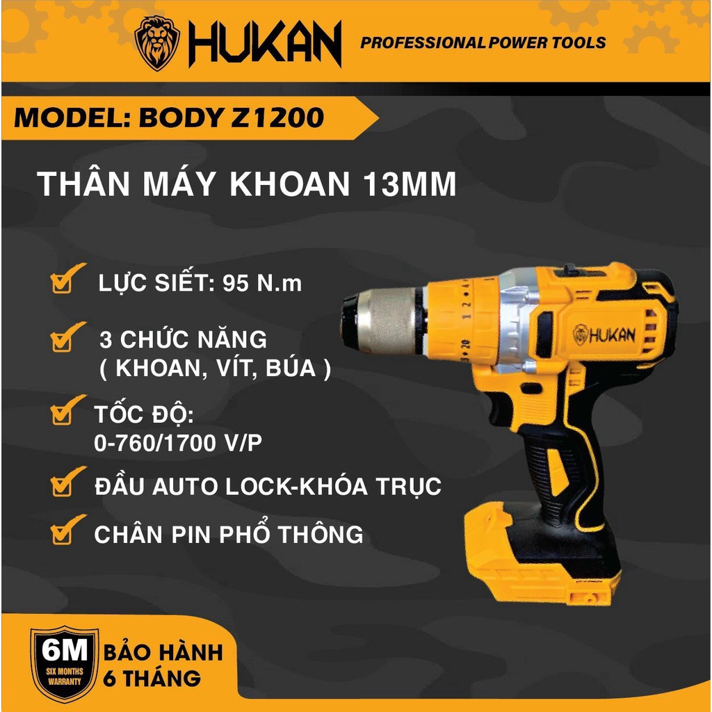 Thân máy Khoan pin HUKAN Z1200, Không Chổi Than Lực 90Nm