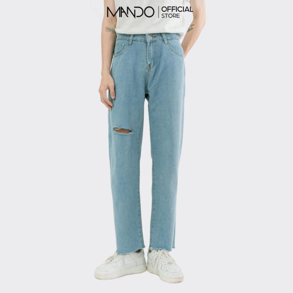 Quần Jean Nam Rách Gối MANDO Vải Bò Cao Cấp 2 Màu Xanh Đen Form Suông Rộng Basic Unisex Thời Trang Hàn Quốc QJN056 !