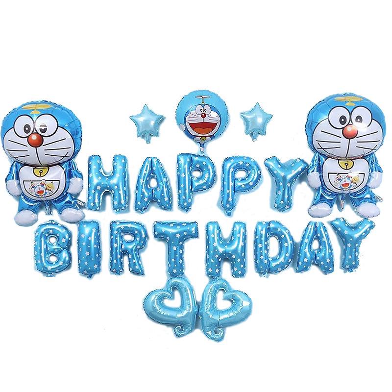 Set bong bóng giấy hình mèo Doraemon và chữ Happy Birthday trang trí tiệc sinh nhật cho bé trai và bé gái