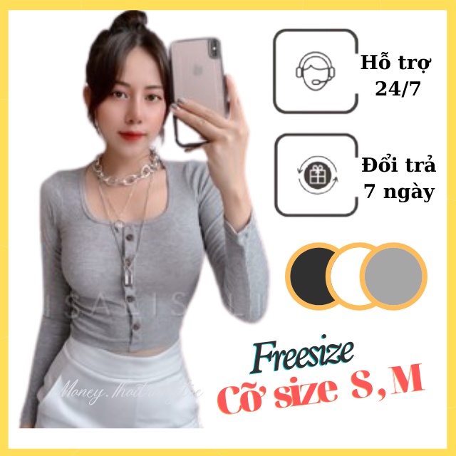 Áo Croptop CRT Nữ Thun Gân Cổ Vuông Chữ U Dài Tay Kiểu Phối Khuy Nút Ôm Body Xám Đen Trắng Tay Dài Mềm Mịn Sexy Quyến Rũ