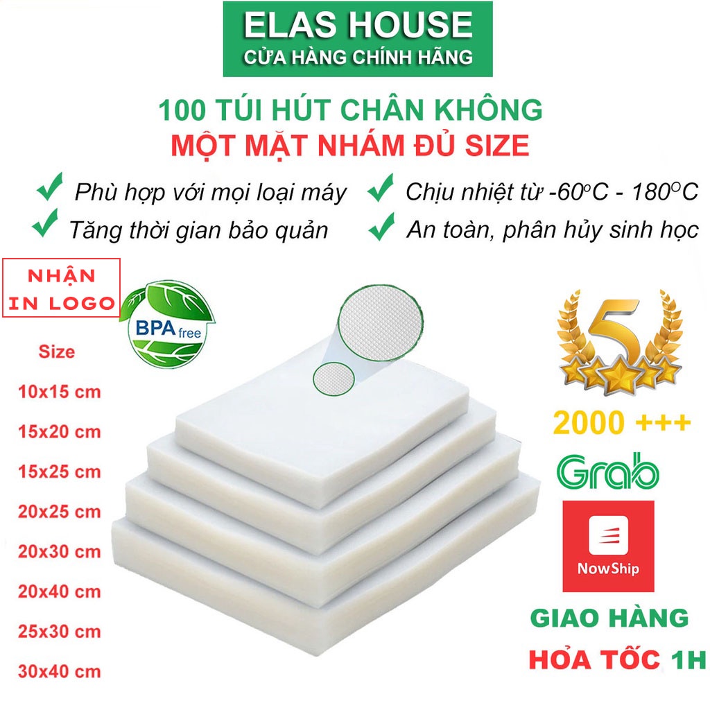 Túi hút chân không 1 mặt nhám, Bộ 100 túi hút chân không thực phẩm cao cấp một mặt nhám, đủ size