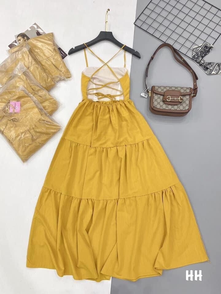 [Mã FAMAYWA2 giảm 10K đơn 50K] Váy maxi vàng 2 dây buộc đan lưng cá tính