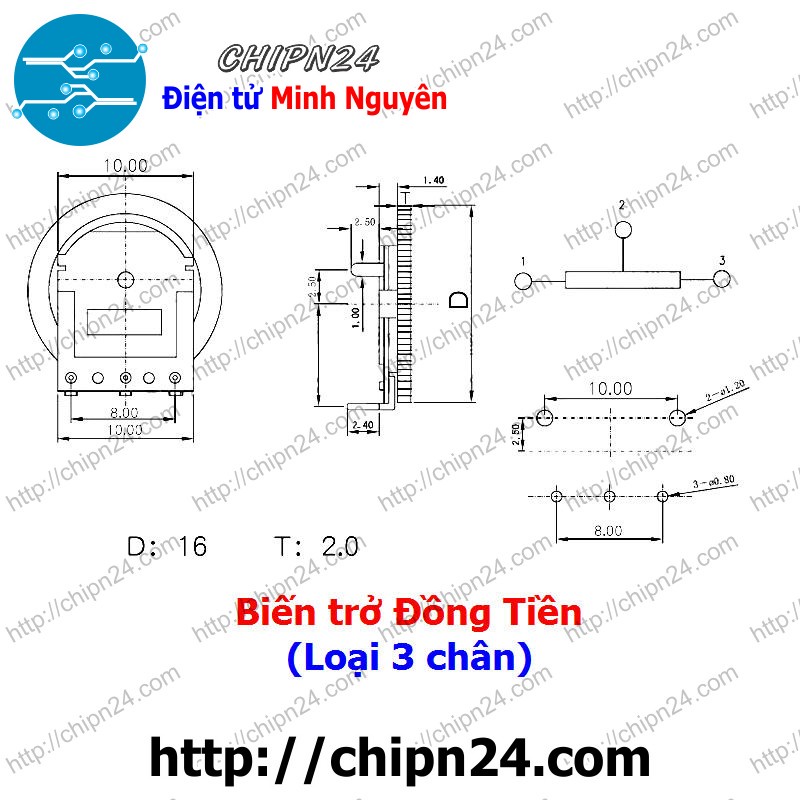 [2 CÁI] Biến Trở Đồng tiền 3 Chân 1K 102 (16x2MM)