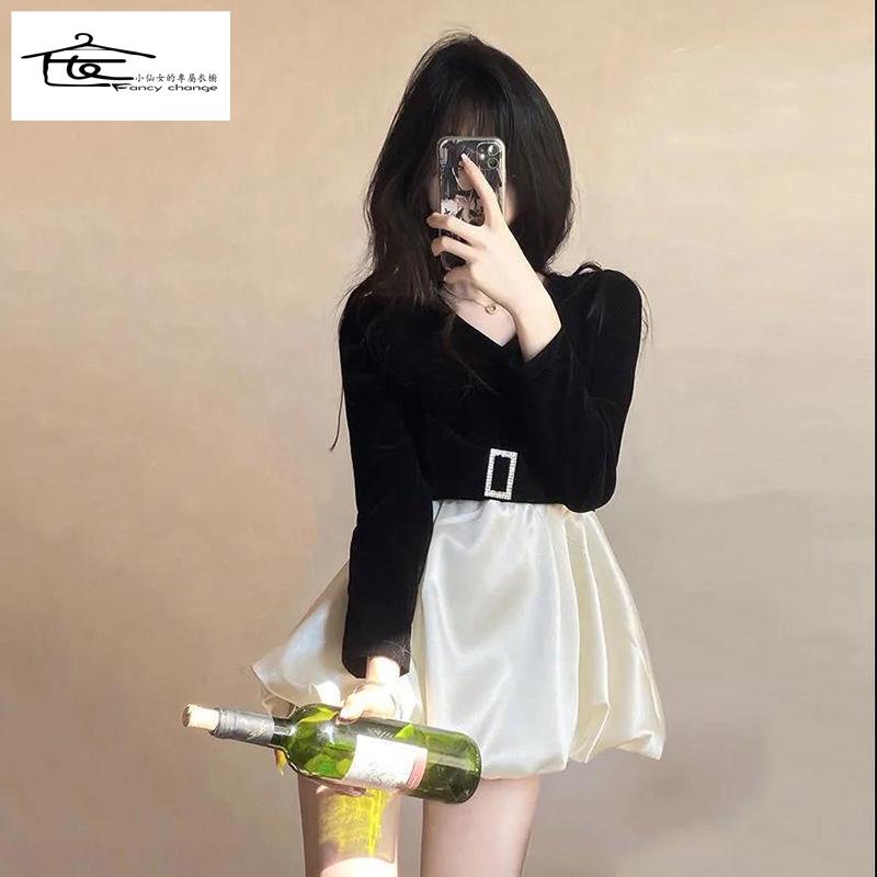 Đầm Nhung Cổ Chữ V Eo Cao Dáng Ôm Thời Trang Cho Nữ