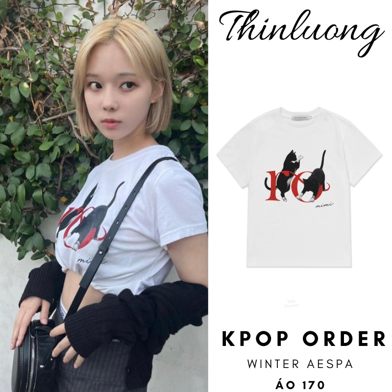 (Sẵn) Áo thun Aespa Winter màu trắng cotton cổ tròn hình mèo ro thời trang trẻ đáng yêu