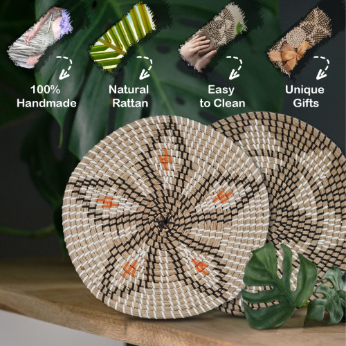 Đĩa cói trang trí tròn, bày hoa quả đồ ăn nhẹ, đồ cá nhân, treo tường, decor phòng ăn, phòng khách Bắc Âu họa tiết 0405