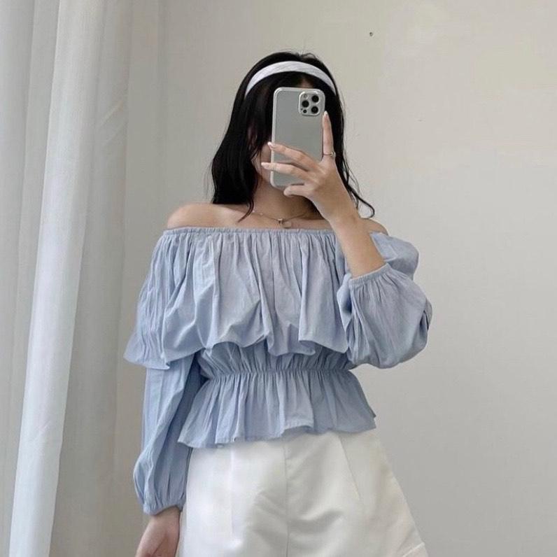 Áo trễ vai FM Style tay lửng bánh bèo tiểu thư thanh lịch  220808110