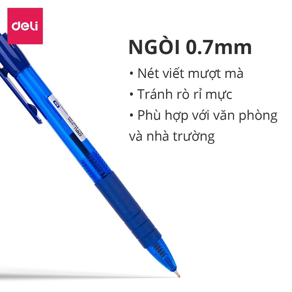 Bút bi dầu đầu bấm ngòi 0.7mm Deli mực xanh đen nét viết đều đệm tay cao su chất lượng cao phù hợp học sinh văn phòng