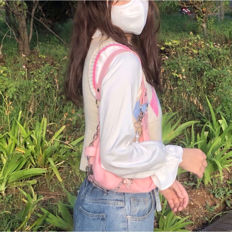Áo gile len ulzzang hồng be dễ thương dệt kim