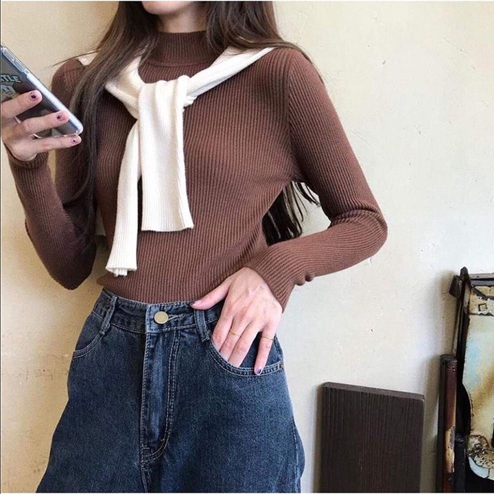 Áo Len tăm Nữ cổ 3 phân phong cách Hàn Quốc hàng Quảng Châu cao cấp