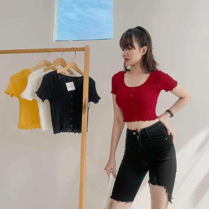 Áo Croptop Ngắn Nút Giữa Tay Ngắn Y Hình