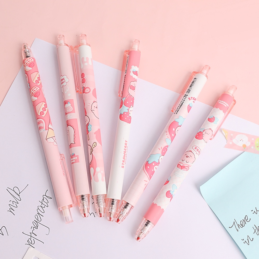 Bút Mực Gel Cỡ Ngòi 0.5mm Hình Khủng Long/Trái Tim/Quả Dâu Màu Đen Dễ Thương Cho Học Sinh/Văn Phòng