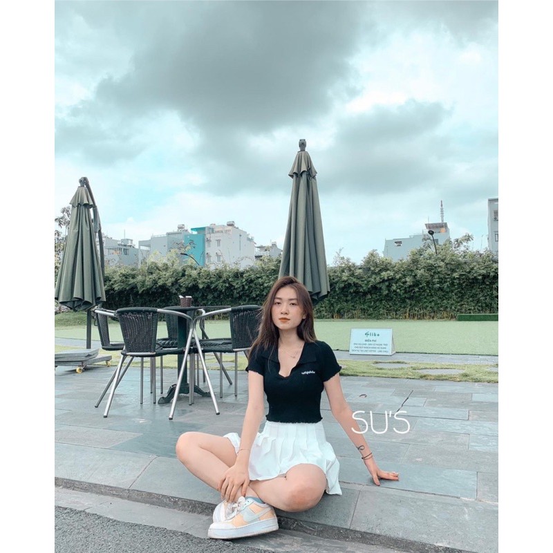 Ao len croptop cổ bẻ chữ thêu (M277#)