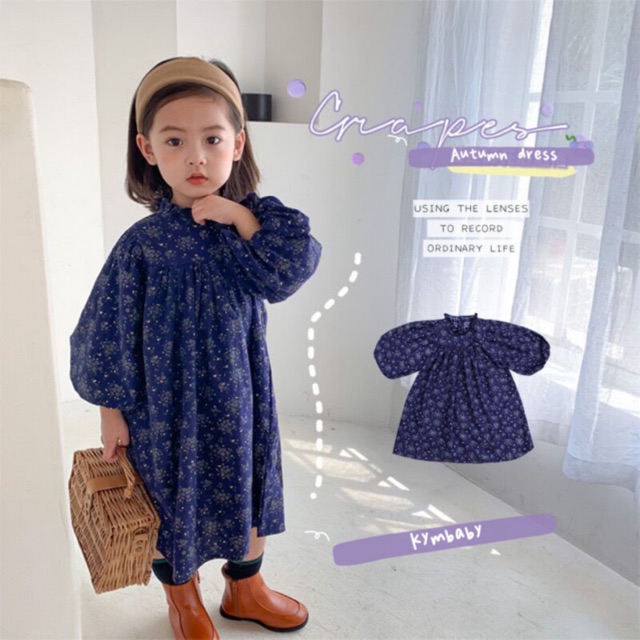 [FORM ĐẶC BIỆT XEM KỸ BẢNG SIZE] Đầm baby doll tay áo phồng hoa xanh cho bé D384