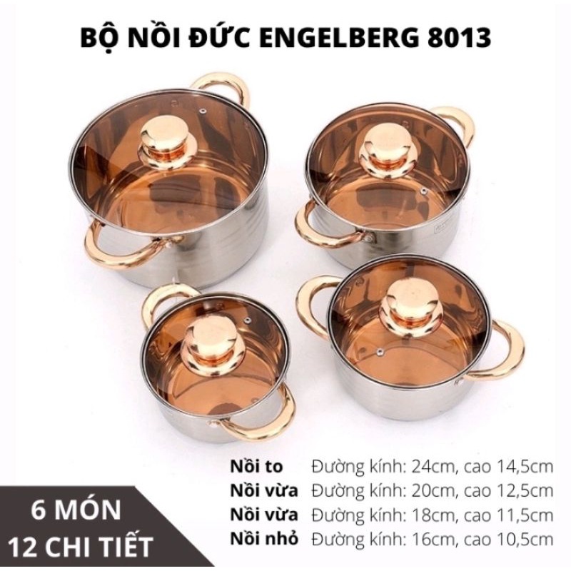 Bộ nồi đức 6 chiếc engelberg vung kính, nồi inox 304 chính hãng công nghệ đức bếp từ, bếp ga, bếp hồng ngoại