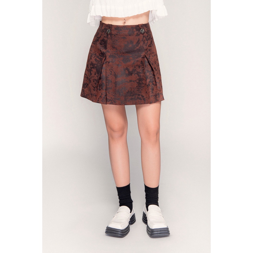 LIBÉ - Chân váy Faux Suede xếp ly màu nâu