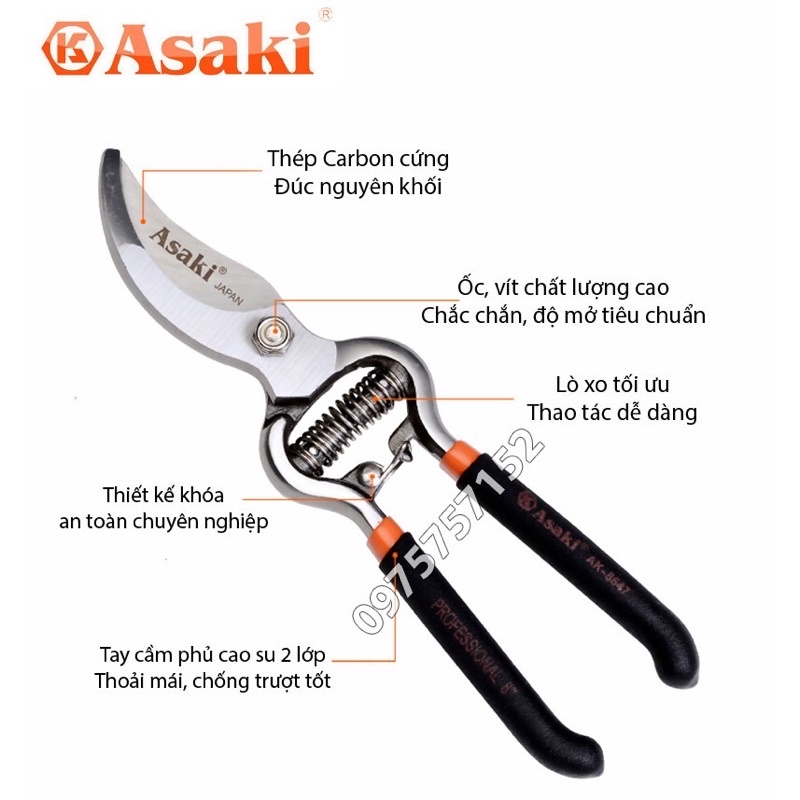 Kéo cắt cành, kéo tỉa răm Asaki Japan thép đúc không rỉ