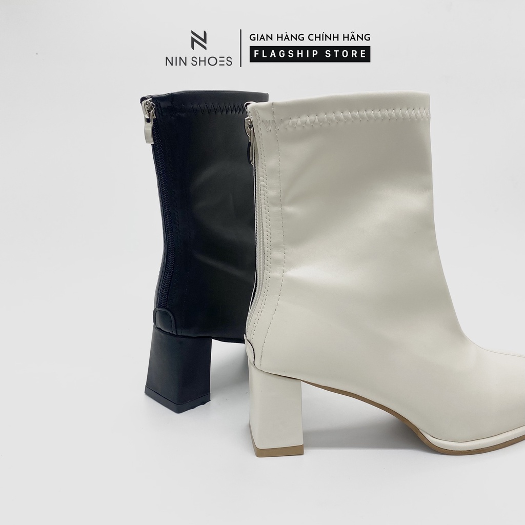 Giày boot nữ 7p gót vuông kéo khoa sau da si trơn Ninshoes | BigBuy360 - bigbuy360.vn