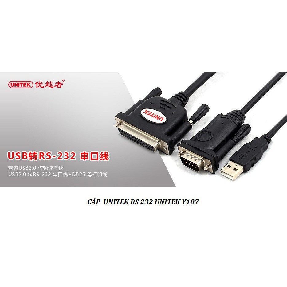 Cáp chuyển đổi USB 2.0 sang Parallel com 25 lỗ + Serial com 9 RS 232 Unitek Y 107