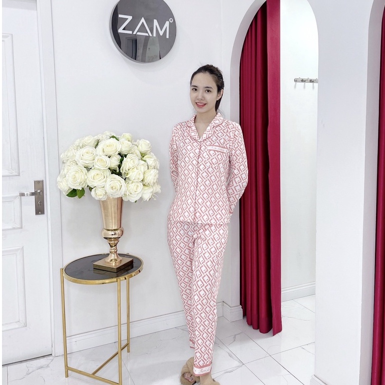 Bộ mặc nhà satin ZAM Luxury - DTA59 - Áo dài tay quần dài hoạ tiết