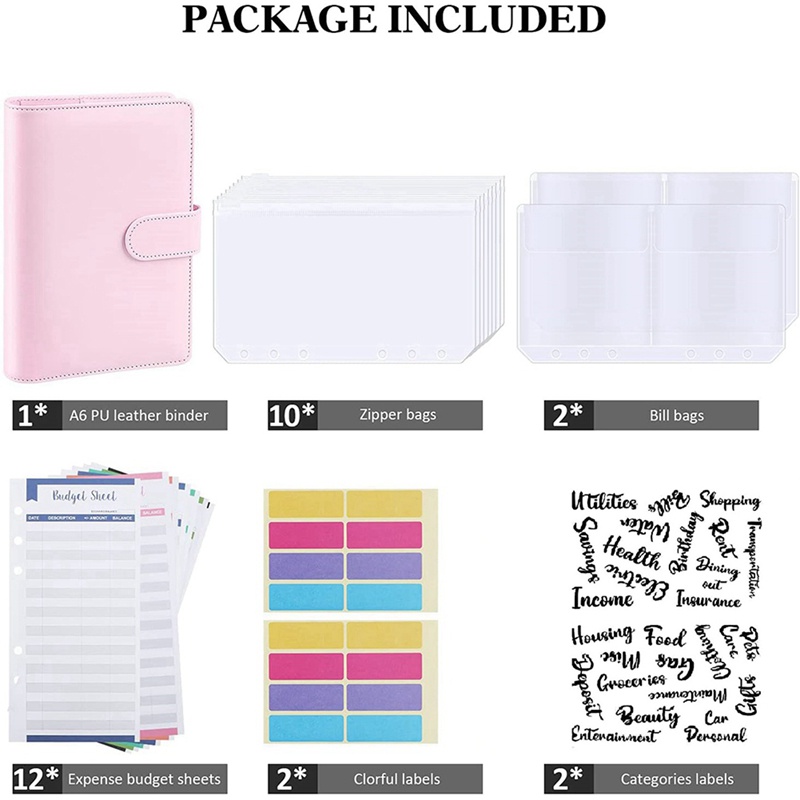 Bộ 2 Sổ Tay Khổ A6 Bằng Da PU Có 6 Vòng In Chữ Màu Hồng &amp; Xanh Lá