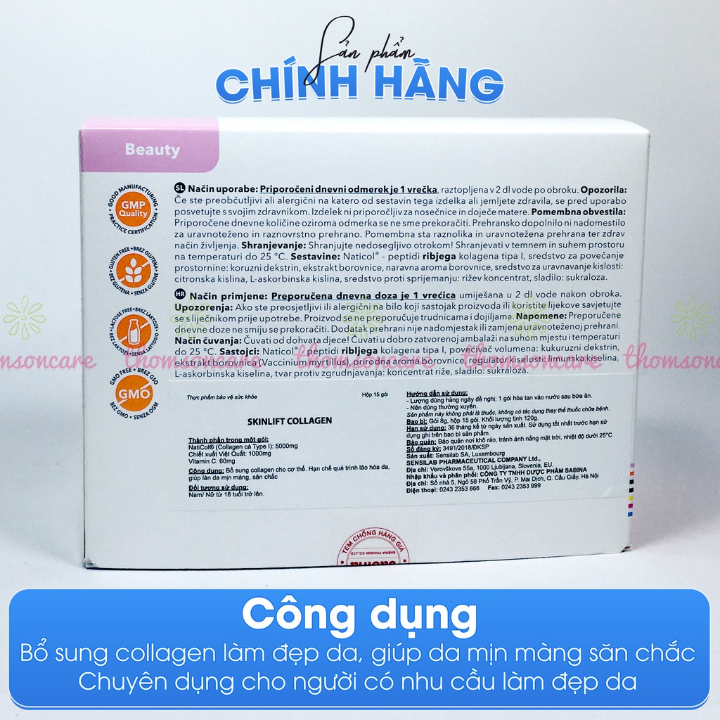 Skinlift Collagen làm đẹp da ngừa lão hóa - từ Dầu cá, Việt quất, colagen Hộp 15 túi