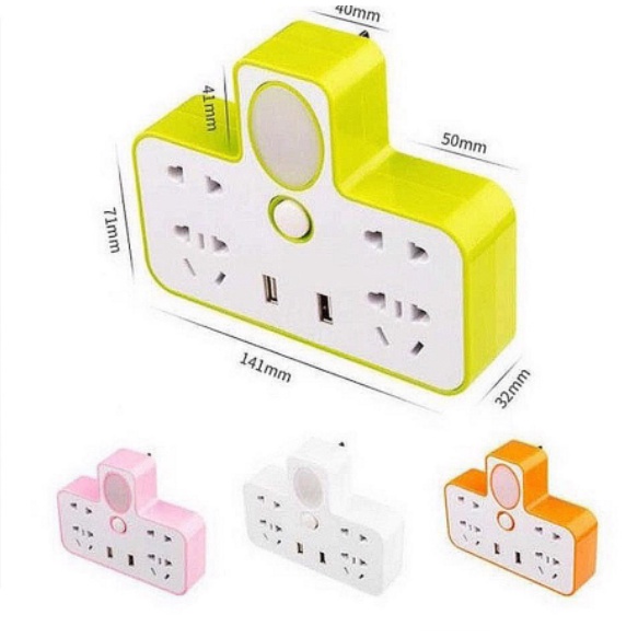 Ổ Cắm Điện Thông Minh Phát Sáng Đa Năng Chữ T Kiêm Đèn Ngủ Gồm 4 Ổ Điện 2 Cổng USB - Cắm 3 Chấu