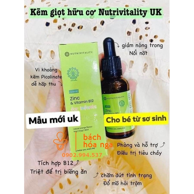 Kẽm Nhỏ Giọt + Vitamin B12 Giảm Biếng Ăn, Quấy Khóc Nutrivitality của Anh Chai 30ml