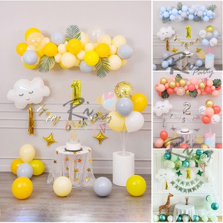 Set bóng trang trí sinh nhật Happy Birthday, tông Vàng, Hồng San hô, XAnh lad , Xanh dương