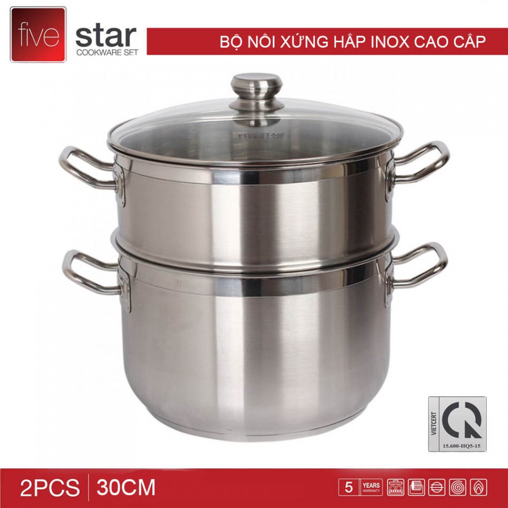 Bộ nồi xửng hấp Inox FIVESTR- 30CM-Vung Kính,3 Đáy,dùng được bếp từ,soong nồi Tân Hợp Thành,bền,đẹp,giá rẻ-bảo hành 36T