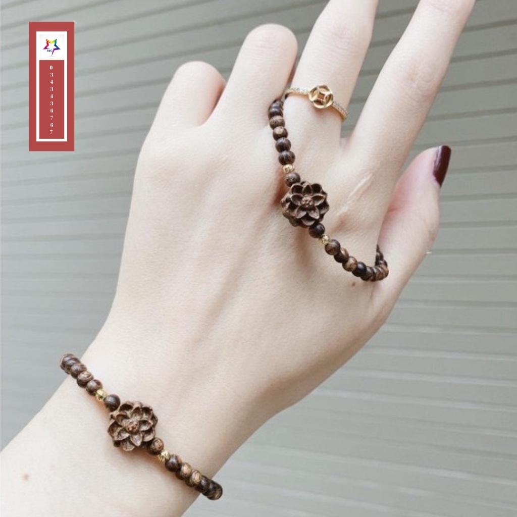 Vòng tay trầm hương sánh chìm mix hoa sen thơm vĩnh viễn hạt 6/7/8mm mang lại bình an may mắn cho gia chủ S18