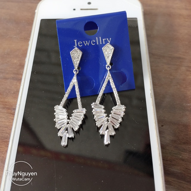 Khuyên tai treo hình rô kết đá nhân tạo siêu sáng dự tiệc bạc ta cao cấp