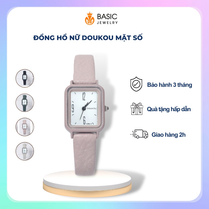 Đồng hồ nữ đeo tay Doukou mới mặt chữ nhật chính hãng dây da đẹp giá rẻ Basic Jewelry DH19