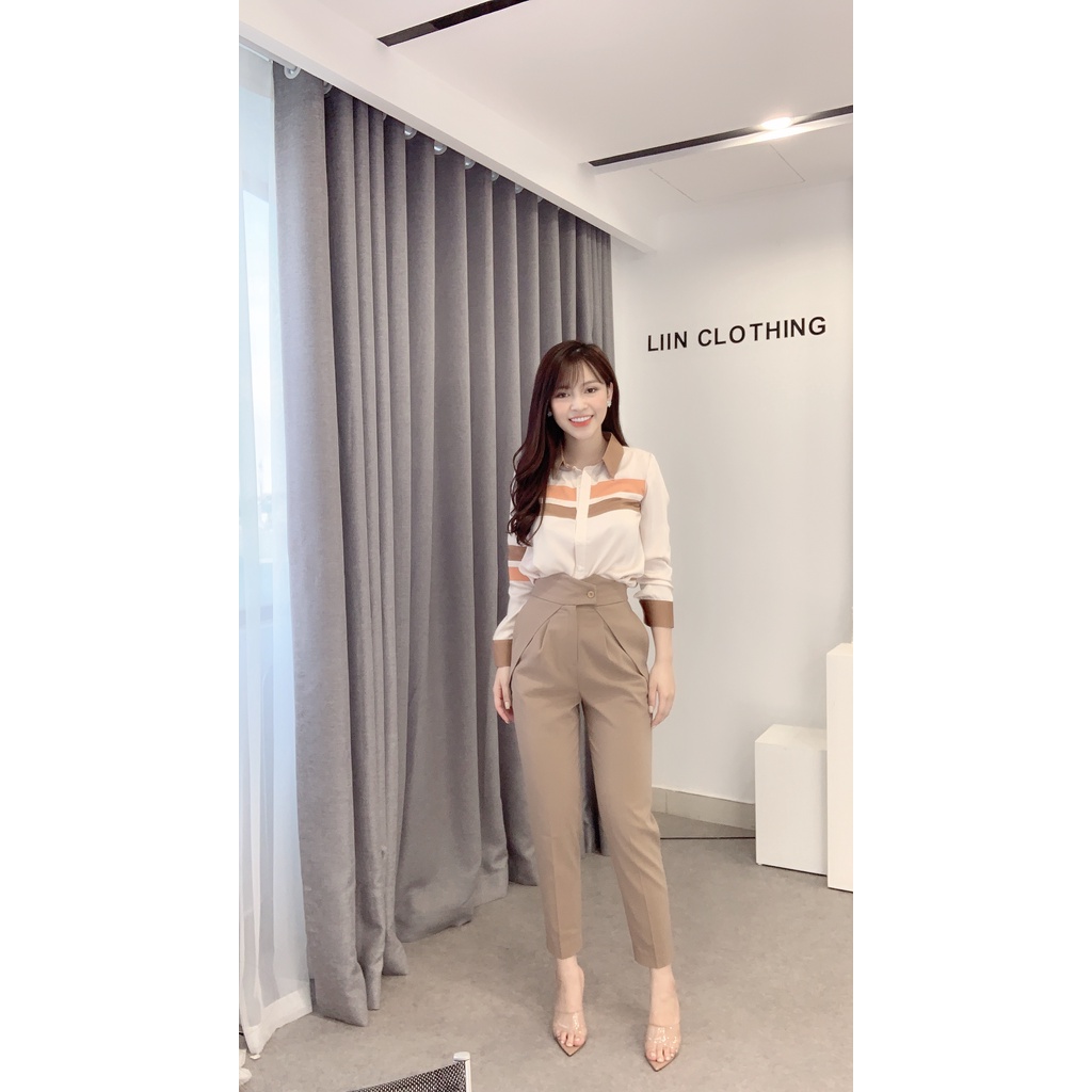 Quần baggy nữ màu nâu cách điệu thiết kế cạp lệch, cúc chéo form công sở mặc tôn dáng Liin Clothing Q3453