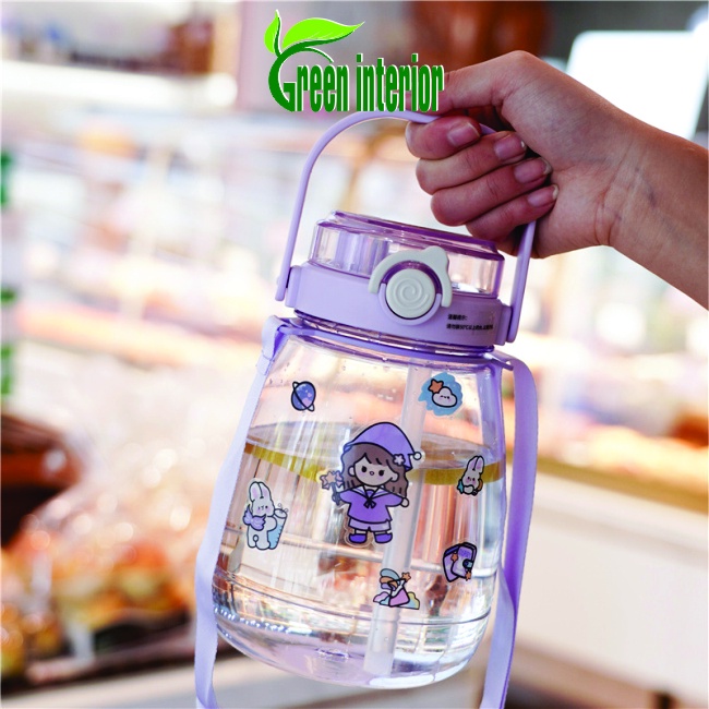 Bình giữ nhiệt Greeninterior dung tích lớn 1300ml, cốc đựng nước cao cấp có ống hút dễ dàng khi sử dụng Tím Trong Suốt