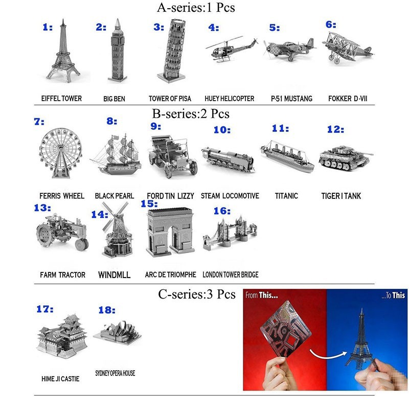 Mô hình tự lắp ráp 3D bằng kim loại với 34 kiểu tùy chọn