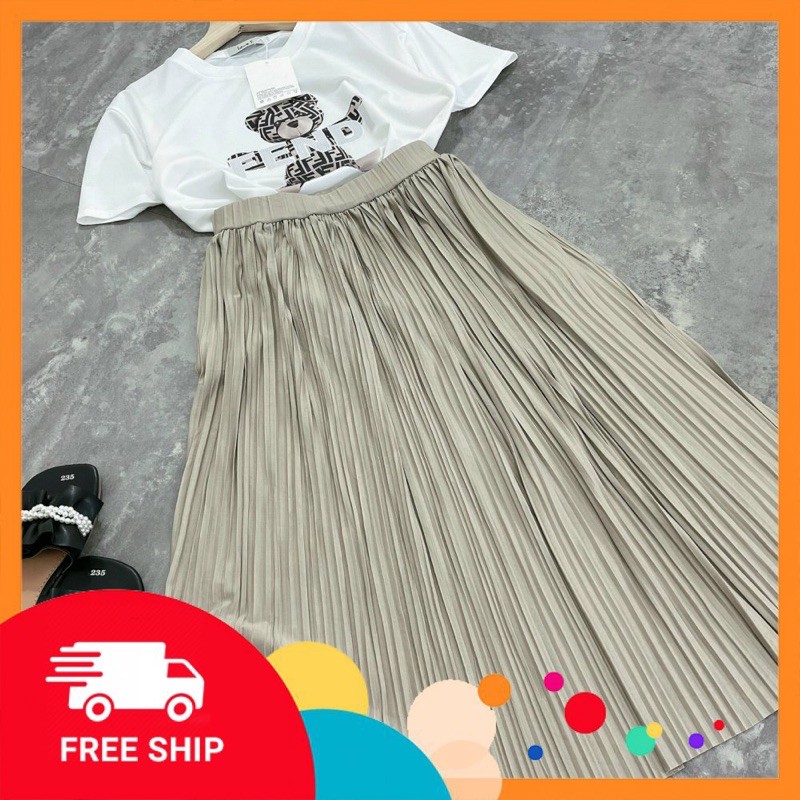 Sét Áo Phông Gấu Thụng Fendy Mix Chân Váy Dập Ly Dài   [ 𝐅𝐑𝐄𝐄 𝐒𝐇𝐈𝐏 ]  Chất Cotton Tàu Mịn 4c Cv Lụa hàn Hàng
