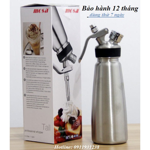 Bình xịt kem vòi inox hãng Mosa 500ml - 1000ml (tặng kèm công thức làm đá xay khi mua hàng)