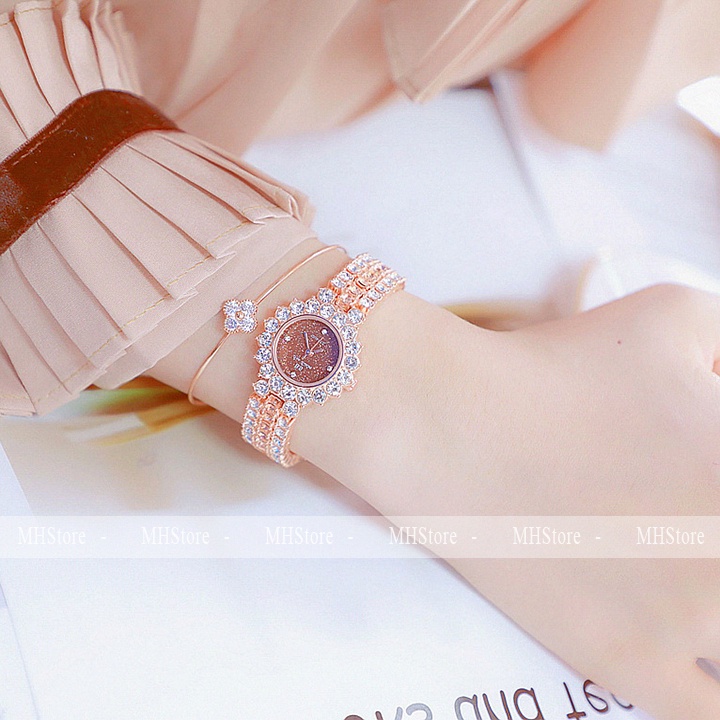 Đồng hồ nữ dây thép BS Bee Sister - Viền đính đá nhỏ nhắn xinh xắn, phong cách Hàn Quốc [Tặng hoa tai]