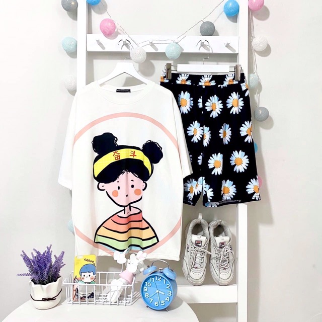 Áo Thun Tay Lở 3D Cô Gái/Set Cartoon Ngắn Overtee 3D Cô Gái Ảnh Thật